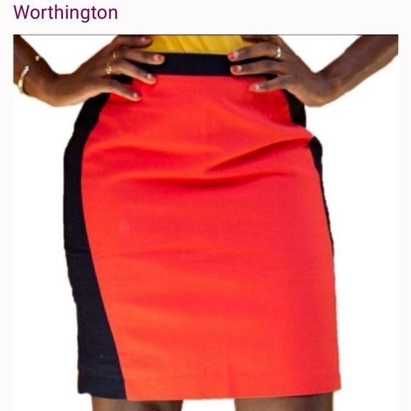 Worthington Size 14 Orange & Navy Color-Block Pencil Double Side Zippers Skirt - Picture 9 of 9